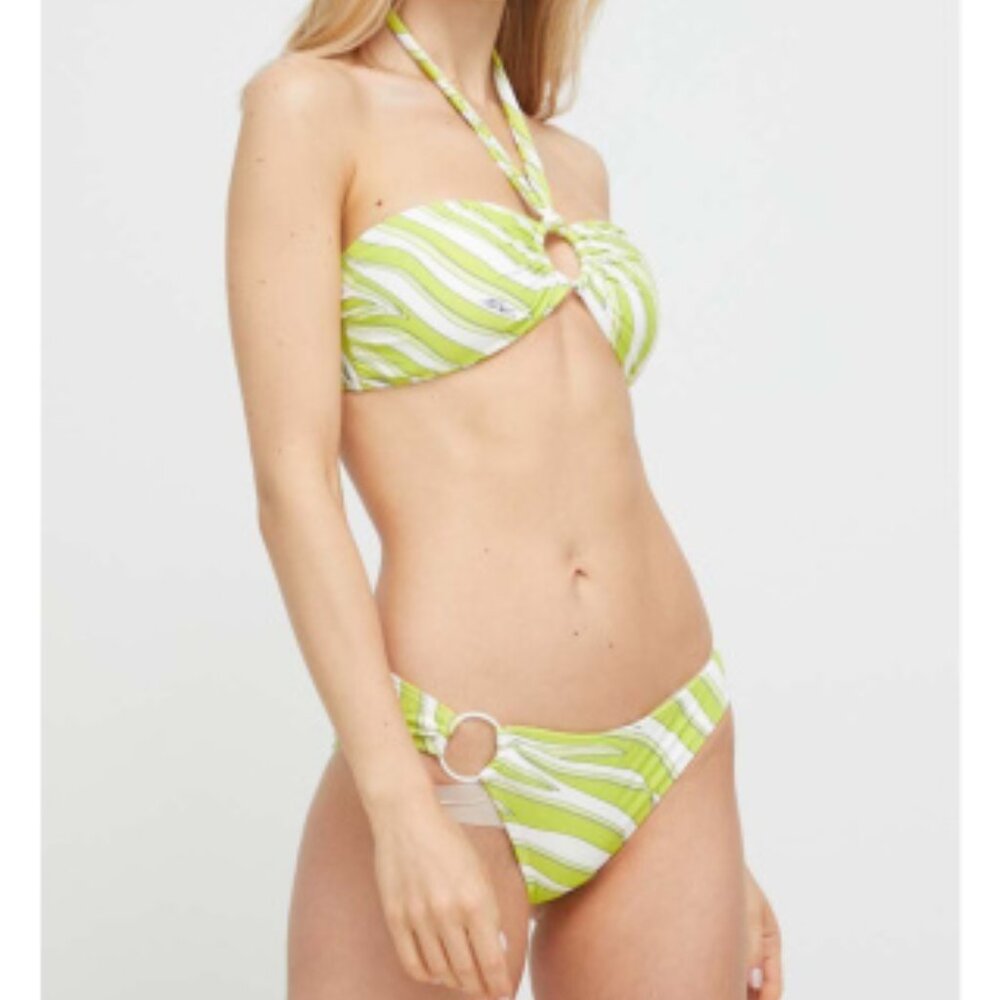 Michael Kors Logo Ring High Leg Bikini Bottom Green White XS NWT